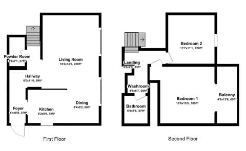 Floor plan for 2 beds, 1.5 baths, 960 sqft